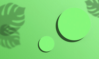 Geen circles of different sizes with shadows are located on a green background. Shadows from monstera leaves are on the edges. 3D rendering illustration