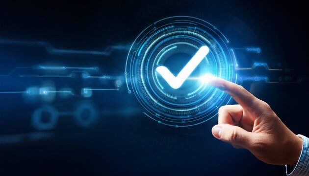 finger pressing glowing checkmark digital approval successful completion technology business concept