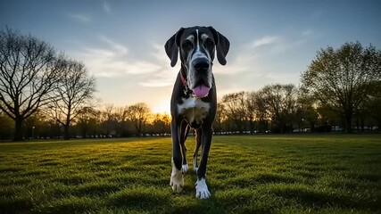 Great Dane Dog in a Park at Sunset, Smiling and Looking at the Camera