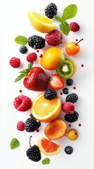 Obraz premium Flying Assorted Fresh Fruits with Mint on White Background