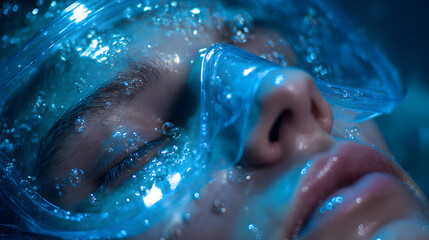 Surreal Portrait: Woman Immersed in Shimmering Blue Gel and Light