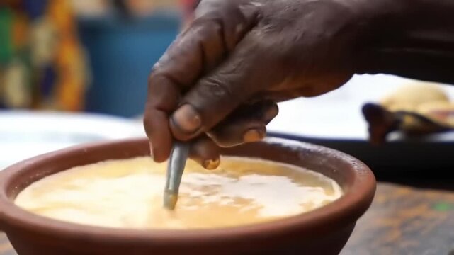 Dark hand stirring a light-colored liquid in a terracotta bowl