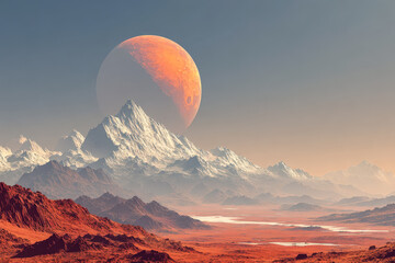 Surreal alien landscape with towering snow-capped mountains and a massive moon in the sky
