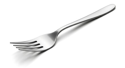 Silver metal fork with four prongs casting a shadow on a white background
