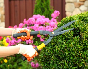Hands trimming hedge with shears