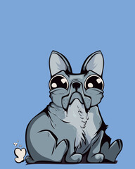An old-school cartoon vector illustration: A French bulldog sits on a vibrant blue background, comically letting out a fart. This is one Frenchie's weighty argument.
