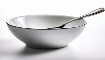 a simple elegant white bowl with a silver spoon resting inside isolated on a white background perfect for showcasing various dishes and culinary creations