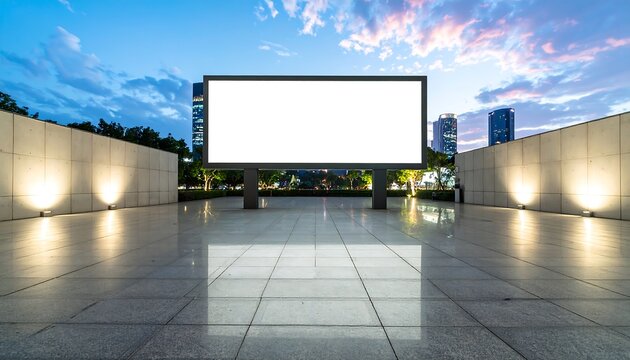 Wide Horizontal Outdoor Billboard in Modern Plaza Surrounded by Office Buildings for Advertising and Branding Mockup