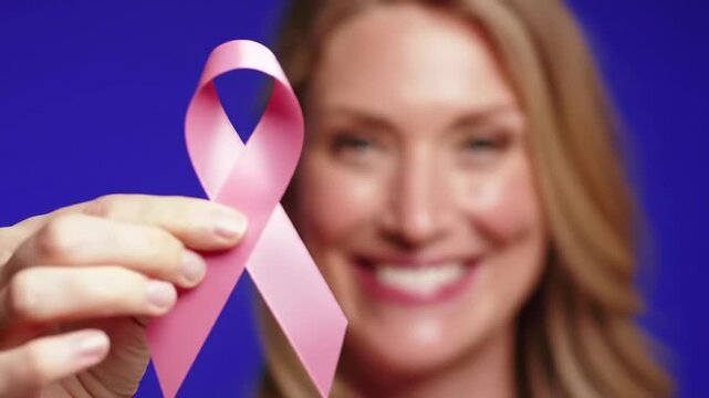 Woman Holds Pink Ribbon Against Blue Background - Powered by Adobe