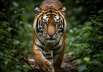 Fototapeta premium Bengal Tiger Walking in Rainforest Rain