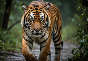 Obraz premium Bengal Tiger Walking in Rainforest Rain