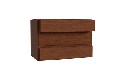 3D model of brown wooden chest of drawers with three drawers isolated on white background, minimalist piece of furniture for interior, design