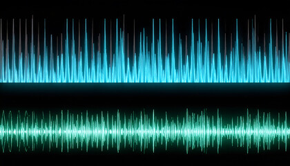 Abstract Teal and Cyan Soundwave Visualization:  Digital Audio Frequency Spectrum, Glowing Energy, Futuristic Technology Background.