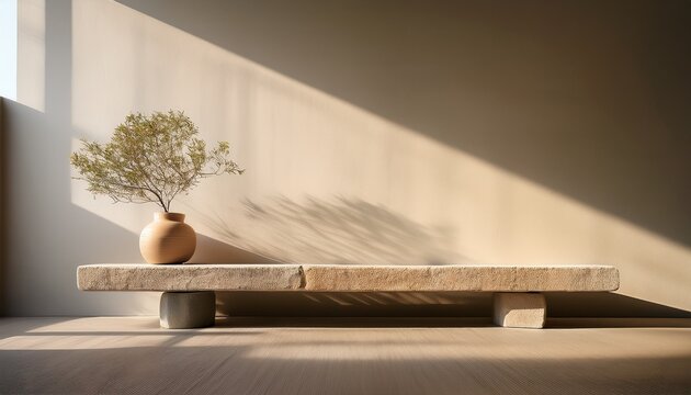sunlit minimalist stone bench in modern interior for architectural design - Powered by Adobe