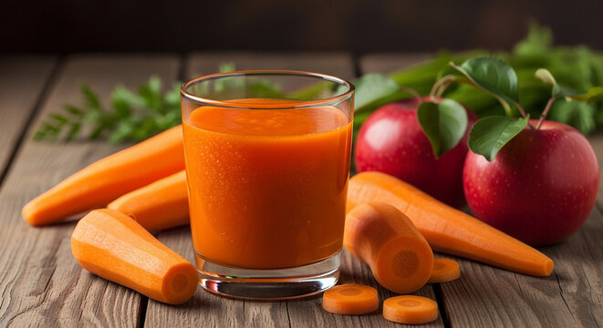 Carrot juice in glass with fresh carrots and red apples on wood  