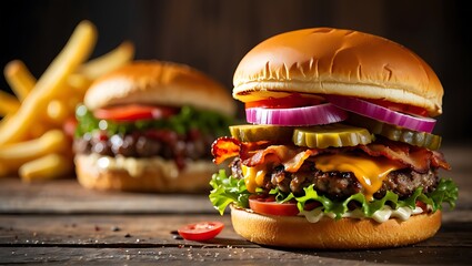 Delicious gourmet burger with melted cheese and crispy bacon served with french fries