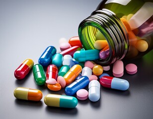 colorful capsules and tablets spill from bottle pharmaceutical medicine healthcare drugs