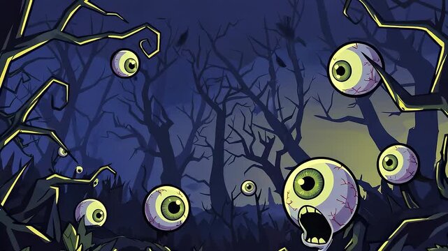 Eerie illustration of a haunted forest with numerous disembodied eyeballs floating among bare, twisted trees.