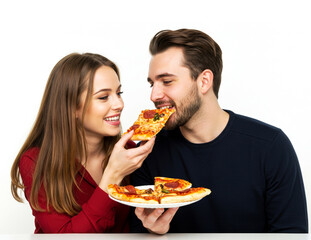 Couple eating pizza isolated on white background