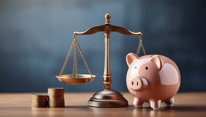 balancing savings and justice a piggy bank sits next to scales symbolizing the careful equilibrium between finances and legal matters