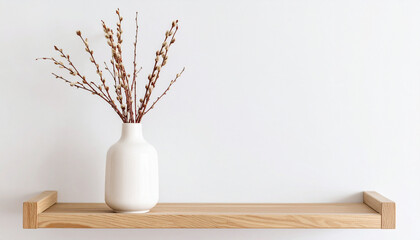 Elegant White Vase with Pussy Willow Branches on a Wooden Shelf