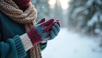Close-up of colorful knit gloves warming hands against snowy forest backdrop. Cozy winter scene with falling snowflakes, soft wool texture, tranquil atmosphere. Festive mittens offer comfort, style