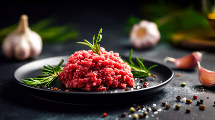Fresh raw ground beef garnished with herbs and spices on a black plate, with garlic and peppercorns scattered around. © Daria