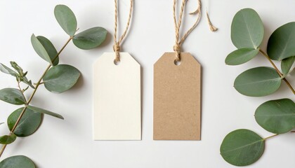 Photo of two price tags or labels on a light background with twine for hanging. Around the tags, there are green plant branches. A minimalist style with a focus on natural elements