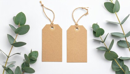 Photo of two price tags or labels on a light background with twine for hanging. Around the tags, there are green plant branches. A minimalist style with a focus on natural elements