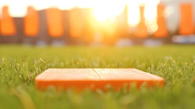 Baseball base on field at sunset with blurred background