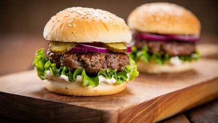 Delicious gourmet cheeseburgers with fresh toppings on a wooden board