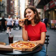 Young american woman enjoying pizza