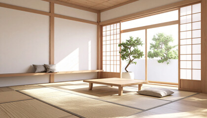 Zen Interior Traditional Japanese Room with Tatami Mats and Shji Screens