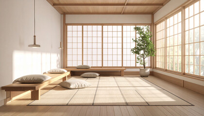 Japanese Zen Room with Tatami Mat, Bonsai and Minimalist Decor