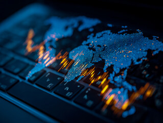 Digital world map with data visualization on a keyboard background