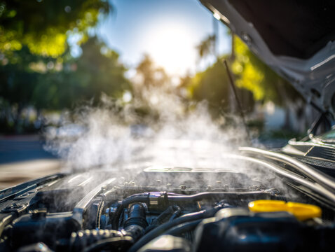 Car engine with steam rising in an outdoor setting during sunlight