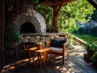 Obraz premium Cozy lakeside patio with stone fireplace and scenic water view