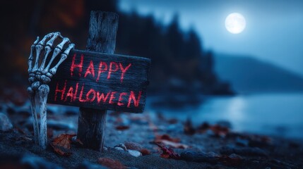 Eerie Halloween night by the tranquil lakeside with a spooky skeleton