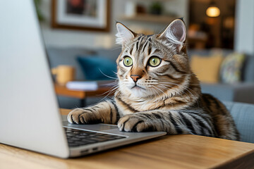 Naklejka na ściany i meble Funny cat using laptop computer at home office working online searching internet pet typing on keyboard 100