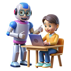 Friendly robot teaching a child using a laptop isolated on transparent background
