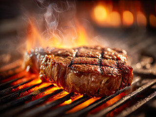 Juicy grilled steak cooking over open flame on barbecue grill