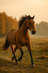 Fototapeta premium AI-generated image of a chestnut Morgan horse gallops through an autumn forest trail, leaves scattering around as warm golden light filters through the trees.