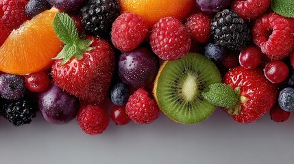 Obraz premium A plentiful assortment of ripe fruit comprising kiwi, raspberries, oranges, grapes, and strawberries