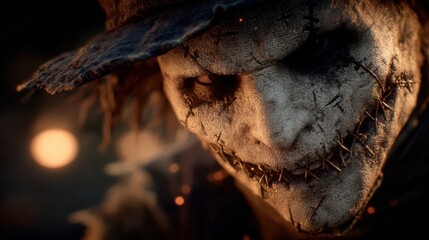 Obraz premium Creepy scarecrow with stitched face captivating onlookers during a Halloween night gathering