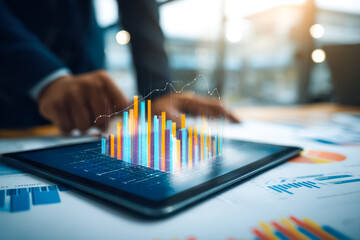 Business professional analyzing financial data on a tablet with 3d bar chart visualization