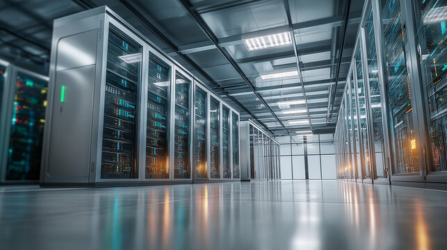 High-tech server facility featuring rows of computing equipment with colorful LED status lights creating futuristic atmosphere for cloud computing and digital infrastructure concepts.