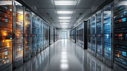 Obraz premium Pristine server room interior featuring bright white LED ceiling lights illuminating organized equipment racks creating sterile professional environment for tech industry marketing.