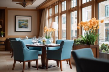Set table in a restaurant with empty blue chairs and large windows with natural lighting. Interior design for fine dining or luxurious hotel establishment.