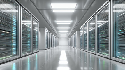White-toned high-tech server hallway with glossy floors, symmetric rows of network racks, and bright artificial lighting. Perfect for futuristic IT infrastructure and copy space concepts.