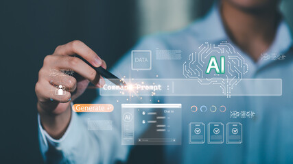 Artificial intelligence prompt generation with futuristic interface showing data command input, machine learning, automation, chat AI, digital transformation technology in modern business innovation.